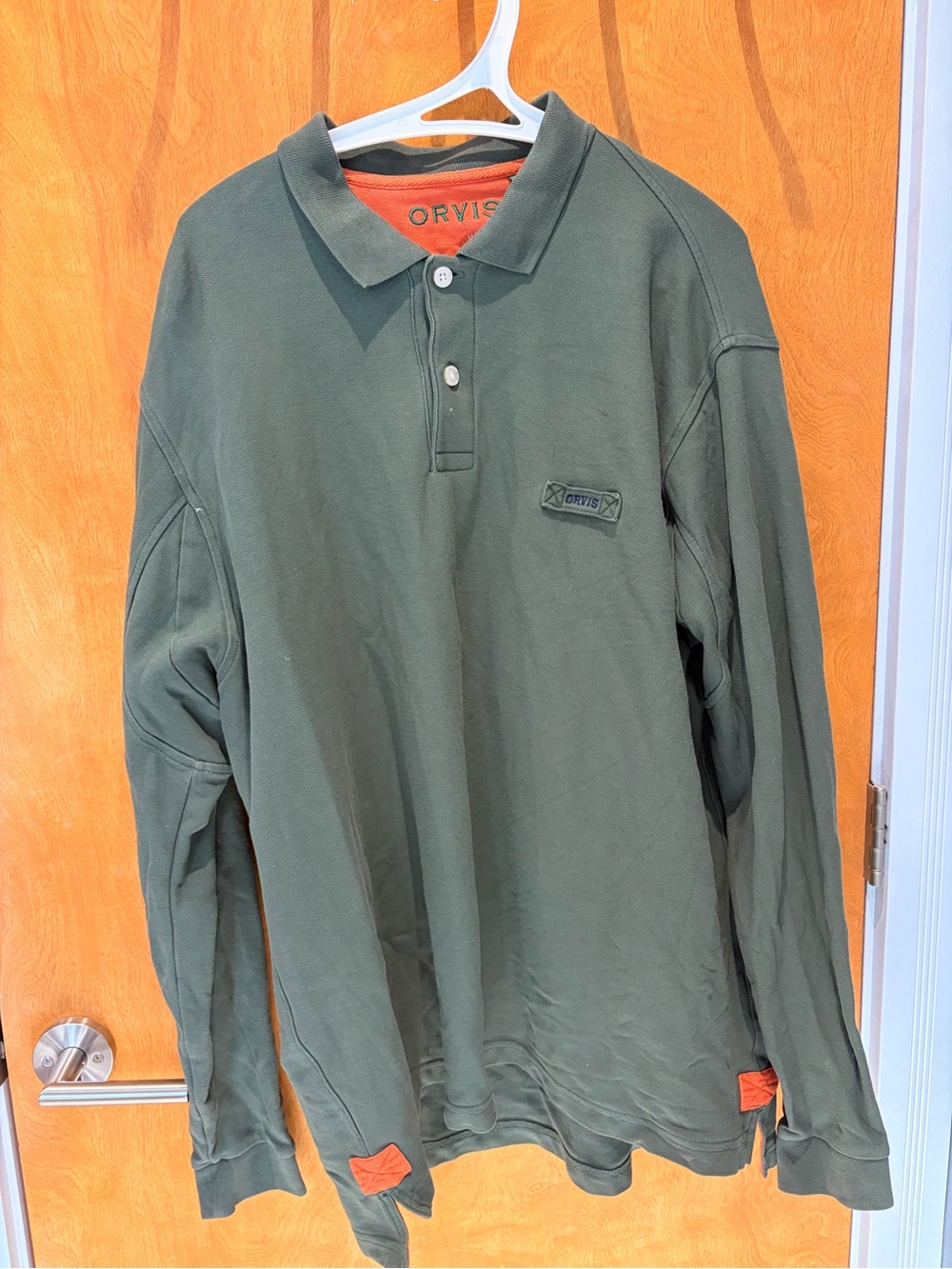 Orvis Men's Olive Green Long-Sleeve Polo Fly Fishing Logo Mens size XL Tall